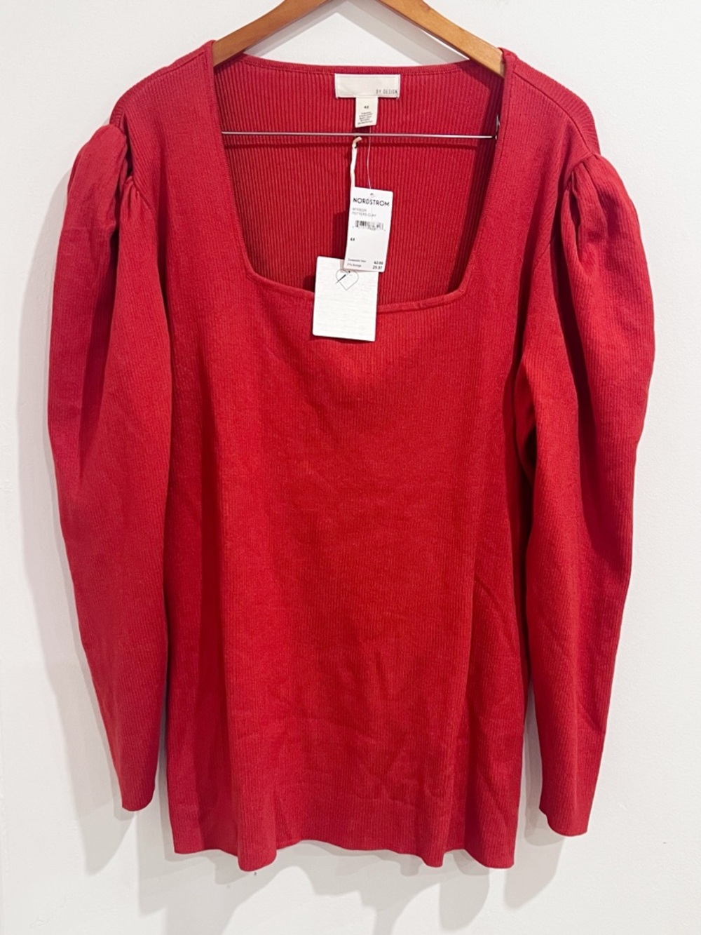 NWT BY Design Nordstrom Square-Neck Puff-Sleeve Ribbed Sweater in Potters Clay